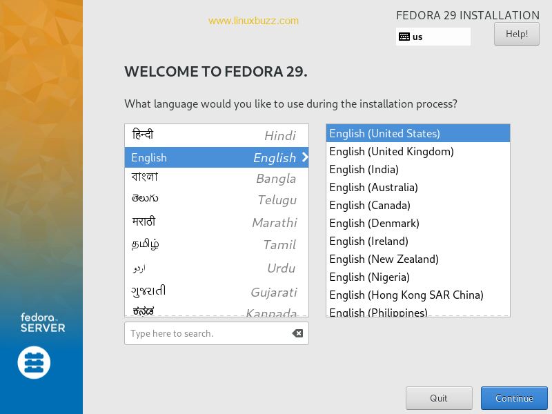 Choose-Language-Fedora-29-Server