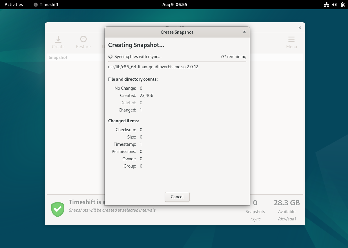 Creating Snapshot Progress Timeshift Debian12 Creating-Snapshot-Progress-Timeshift-Debian12