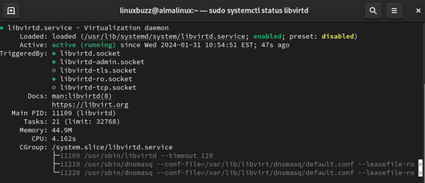 Libvirtd-Service-Status-RockyLinux9-AlmaLinux9